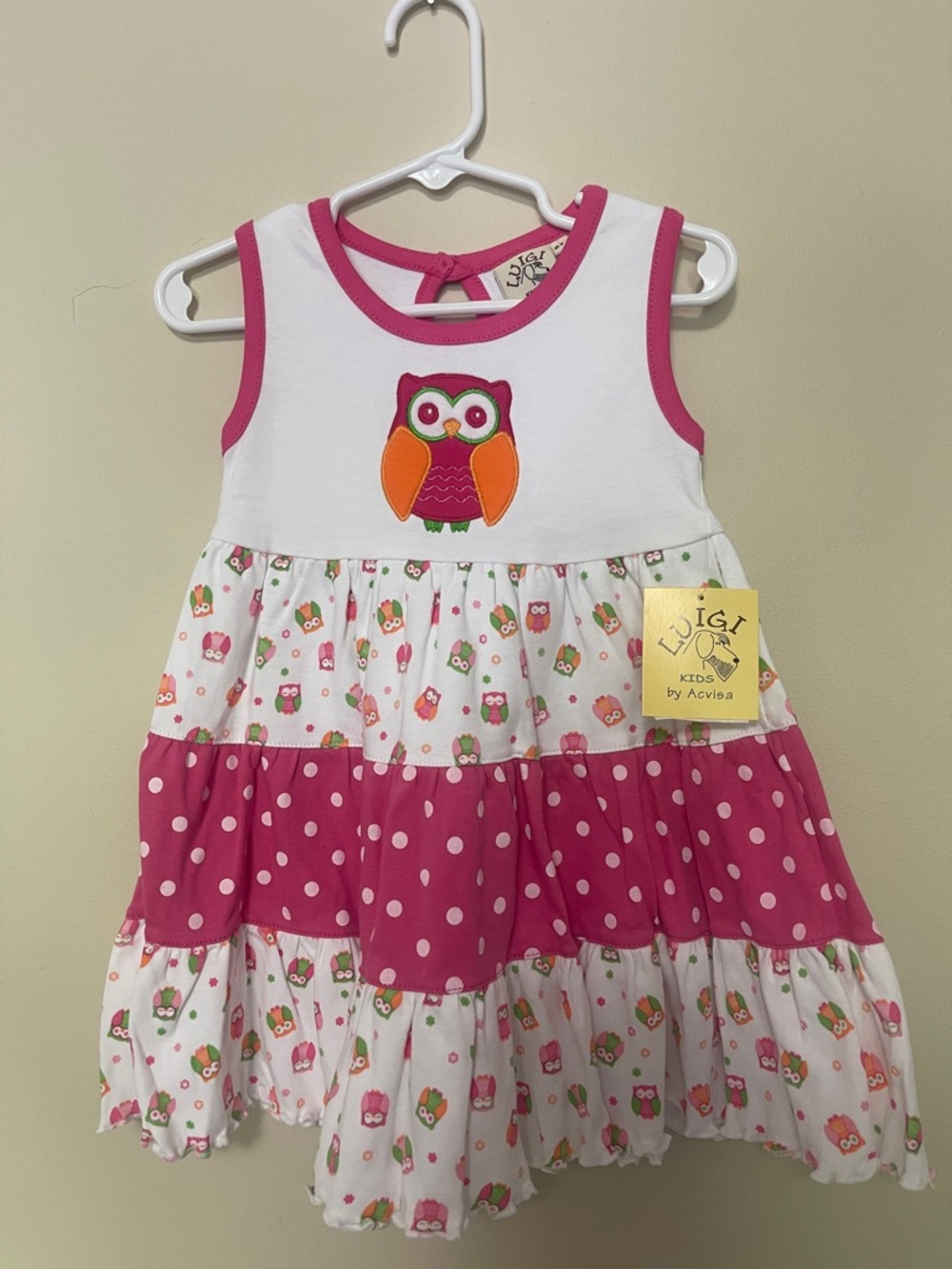 Luigi Kids Owl Tiered Dress in White & Pink
